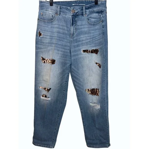 INC Denim Mid Rise Boyfriend Jeans‎ size 12/31 Distressed Leopard Patch - Picture 3 of 12
